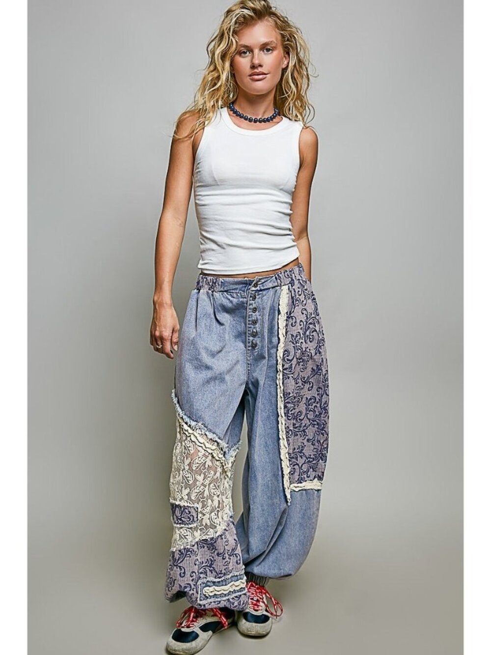 POL Bluebell Manor Patchwork Joggers in Denim - Picture 2 of 9